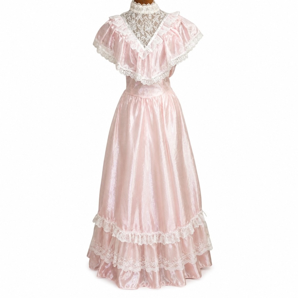 Vtg 70s 80s Pink Satin Prairie Dress Lace Capelet Maxi Gown Southern Belle